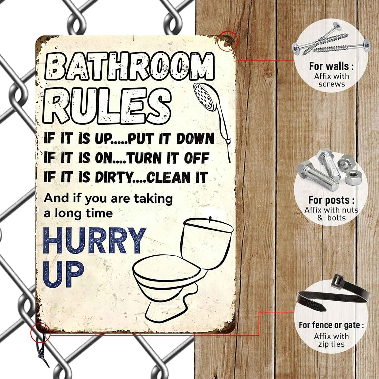 Vintage 'Bathroom Rules' Metal Tin Sign – Funny Wall Art for Bathroom Decor, 8x12 Inch