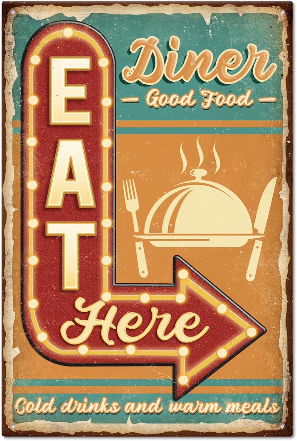 GLOBLELAND Dinner Eat Here Metal Tin Sign 8x12inch Vintage Good Food Art Plaque Poster Wall Decor for Home Kitchen Living Room Bedroom Kitchen Cafe Bar