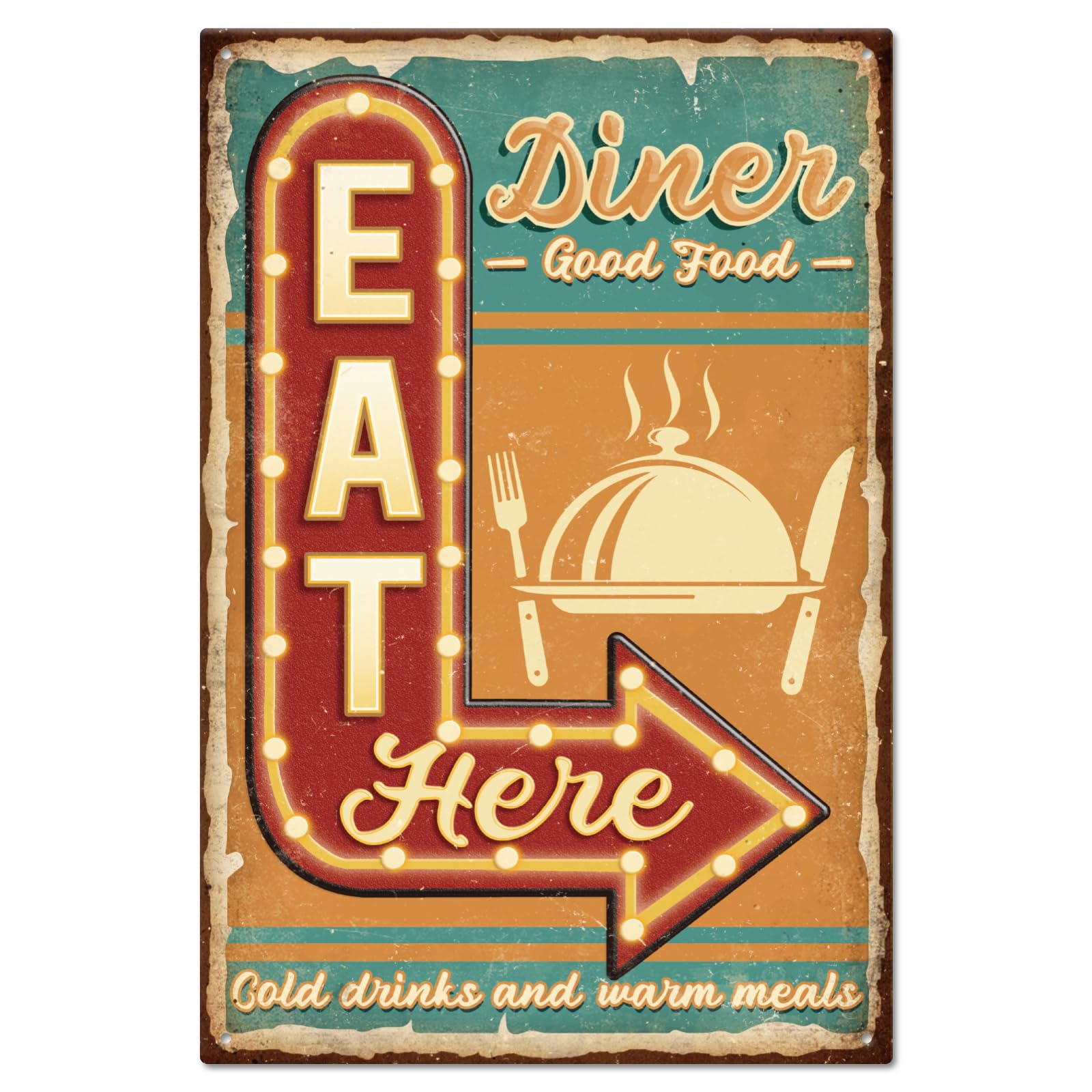 GLOBLELAND Dinner Eat Here Metal Tin Sign 8x12inch Vintage Good Food Art Plaque Poster Wall Decor for Home Kitchen Living Room Bedroom Kitchen Cafe Bar
