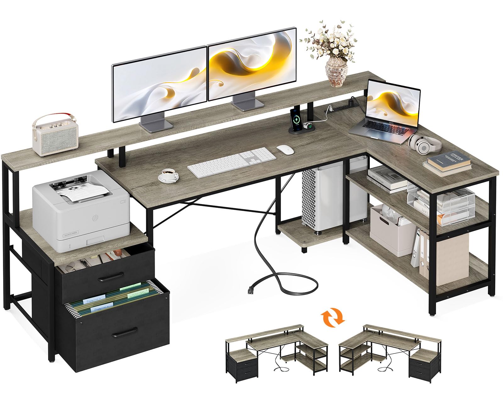 ODK 75" L Shaped Desk with File Drawers, Work from Home Office Desk with Power Outlet, Reversible Computer Desk with Storage Shelves, Gaming Desk with Monitor Shelf, Corner WFM Table, Vintage