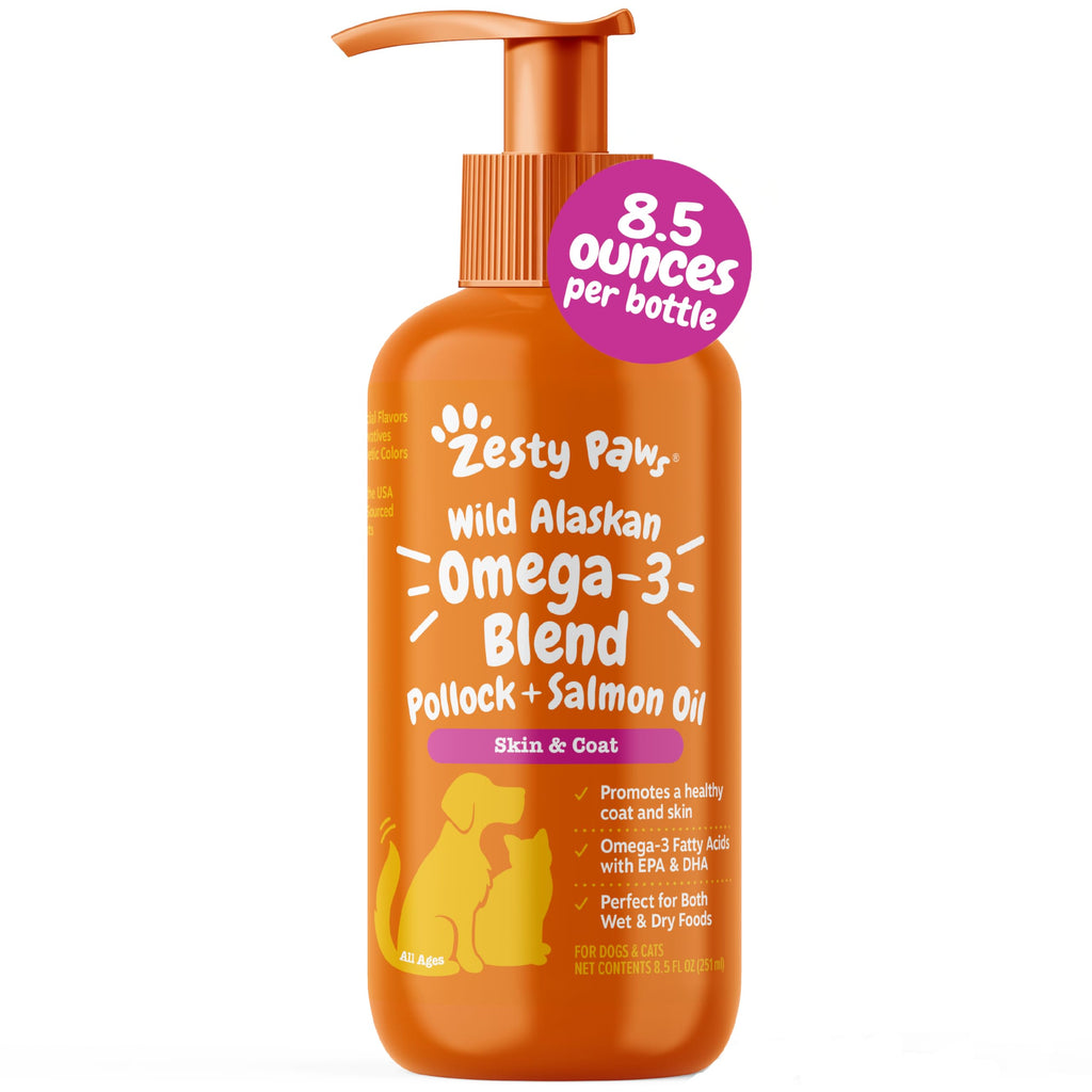 Zesty Paws Wild Alaskan Omega-3 Blend Pollock + Salmon Oil for Dogs and Cats- Skin and Coat Support, Omega 3 Supplement for Pets, 32oz