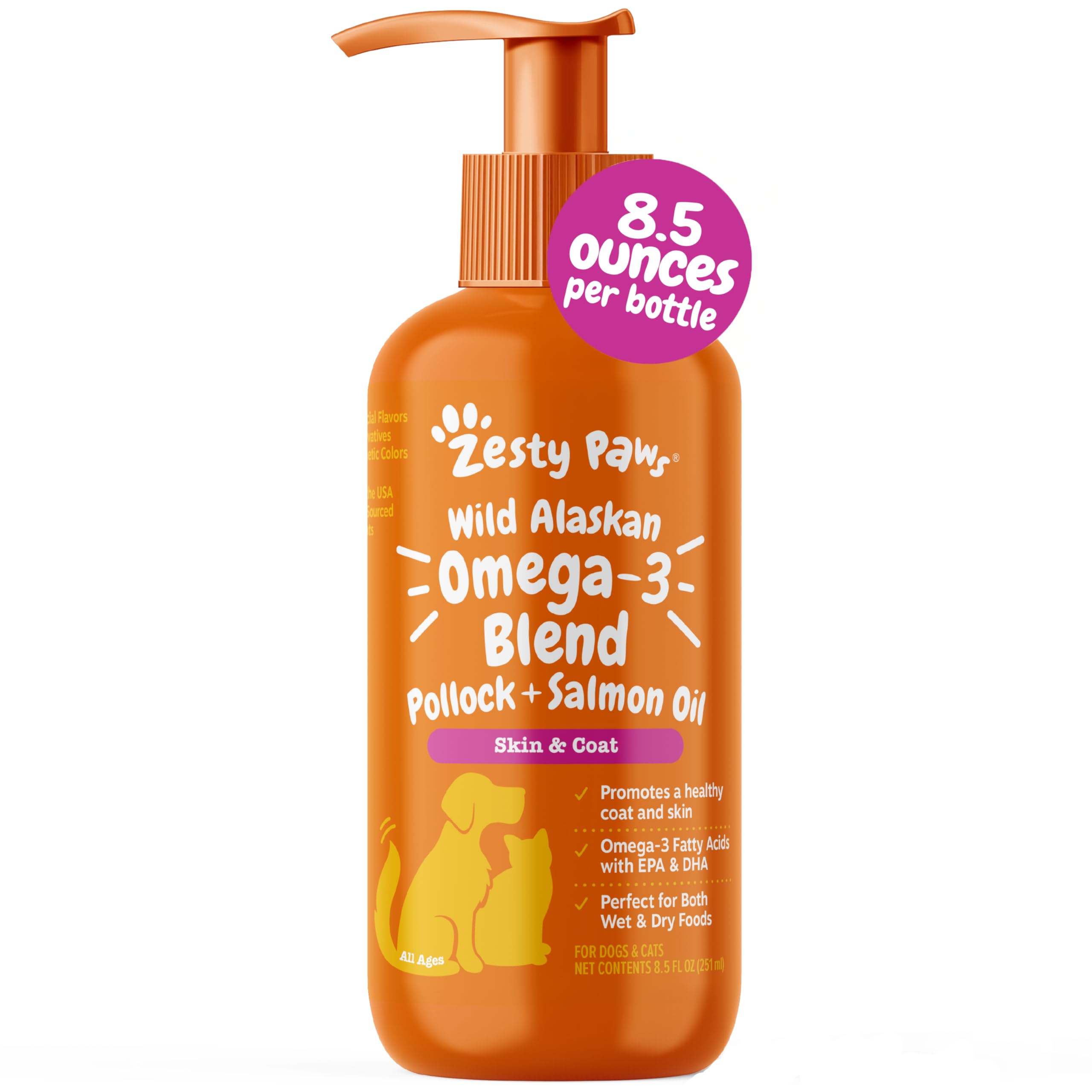 Zesty Paws Wild Alaskan Omega-3 Blend Pollock + Salmon Oil for Dogs and Cats- Skin and Coat Support, Omega 3 Supplement for Pets, 32oz