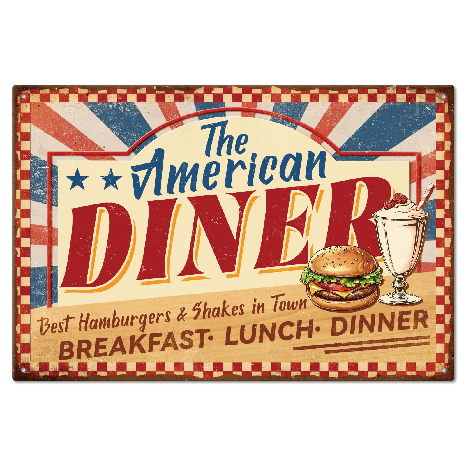 GLOBLELAND Dinner Eat Here Metal Tin Sign 8x12inch Vintage Good Food Art Plaque Poster Wall Decor for Home Kitchen Living Room Bedroom Kitchen Cafe Bar