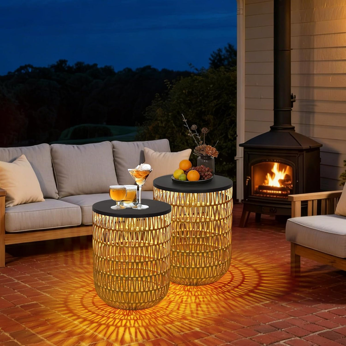 HMVPL Solar Outdoor Side Table Set of 2 with Dimmable Light, Round Patio Side Table for Outside, Outdoor End Accent Tables, Plastic Rattan Patio End Table for Poolside Backyard Gazebo, Dusk to Dawn