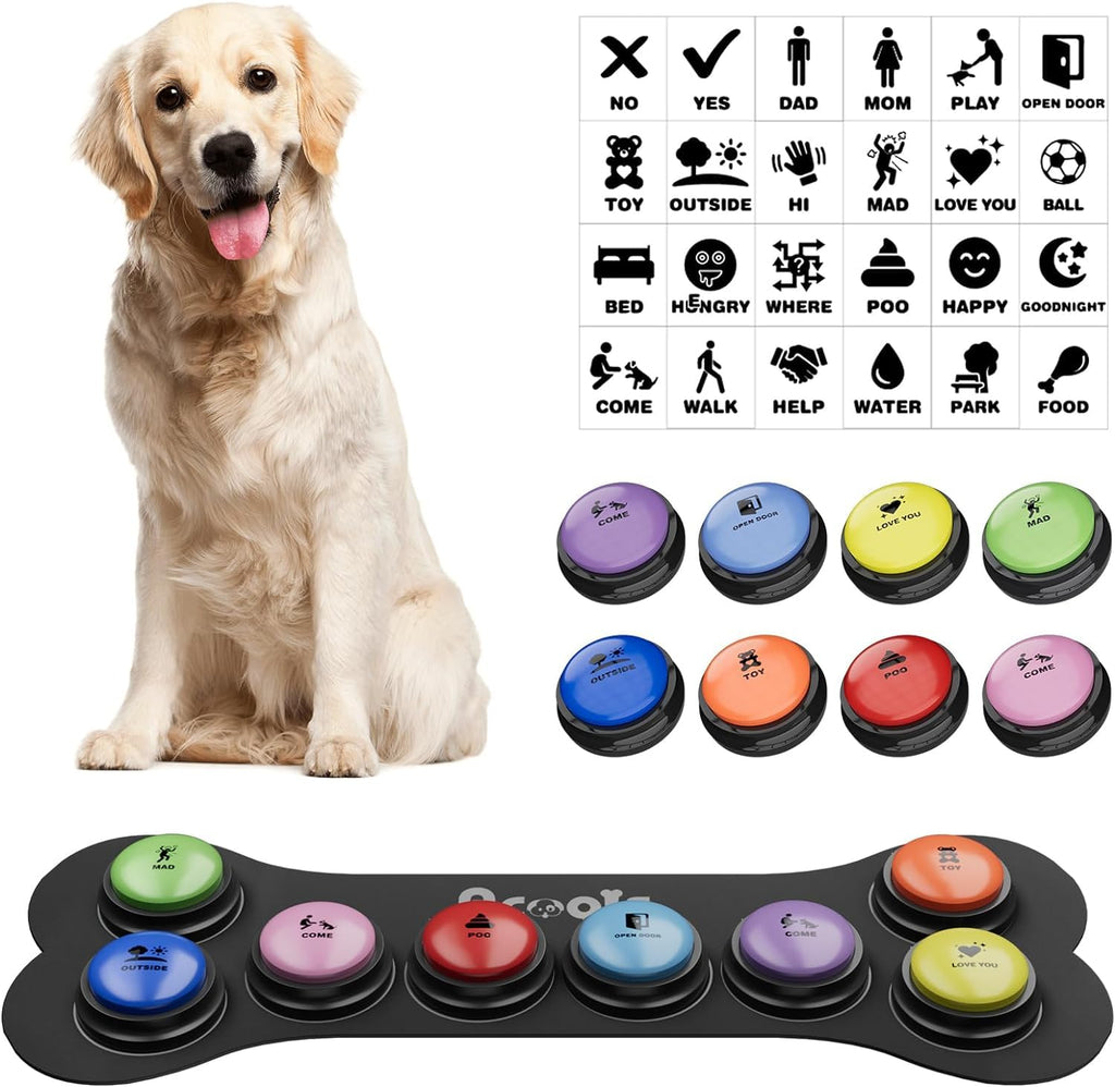 Acools Dog Buttons for Communication, 4 Dog Talking Button Set, Speaking Buttons for Cats and Dogs, 30s Voice Recordable Pet Training Buzzer with Waterproof Dog Activity Mat and 48 Scene Stickers
