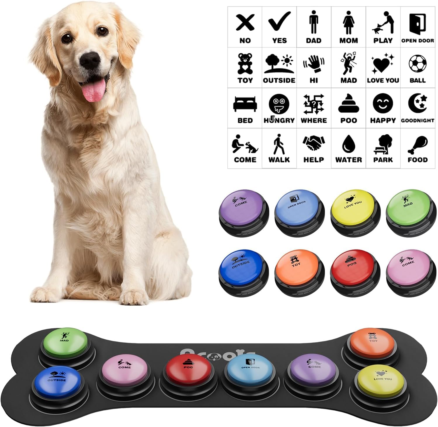Acools Dog Buttons for Communication, 4 Dog Talking Button Set, Speaking Buttons for Cats and Dogs, 30s Voice Recordable Pet Training Buzzer with Waterproof Dog Activity Mat and 48 Scene Stickers