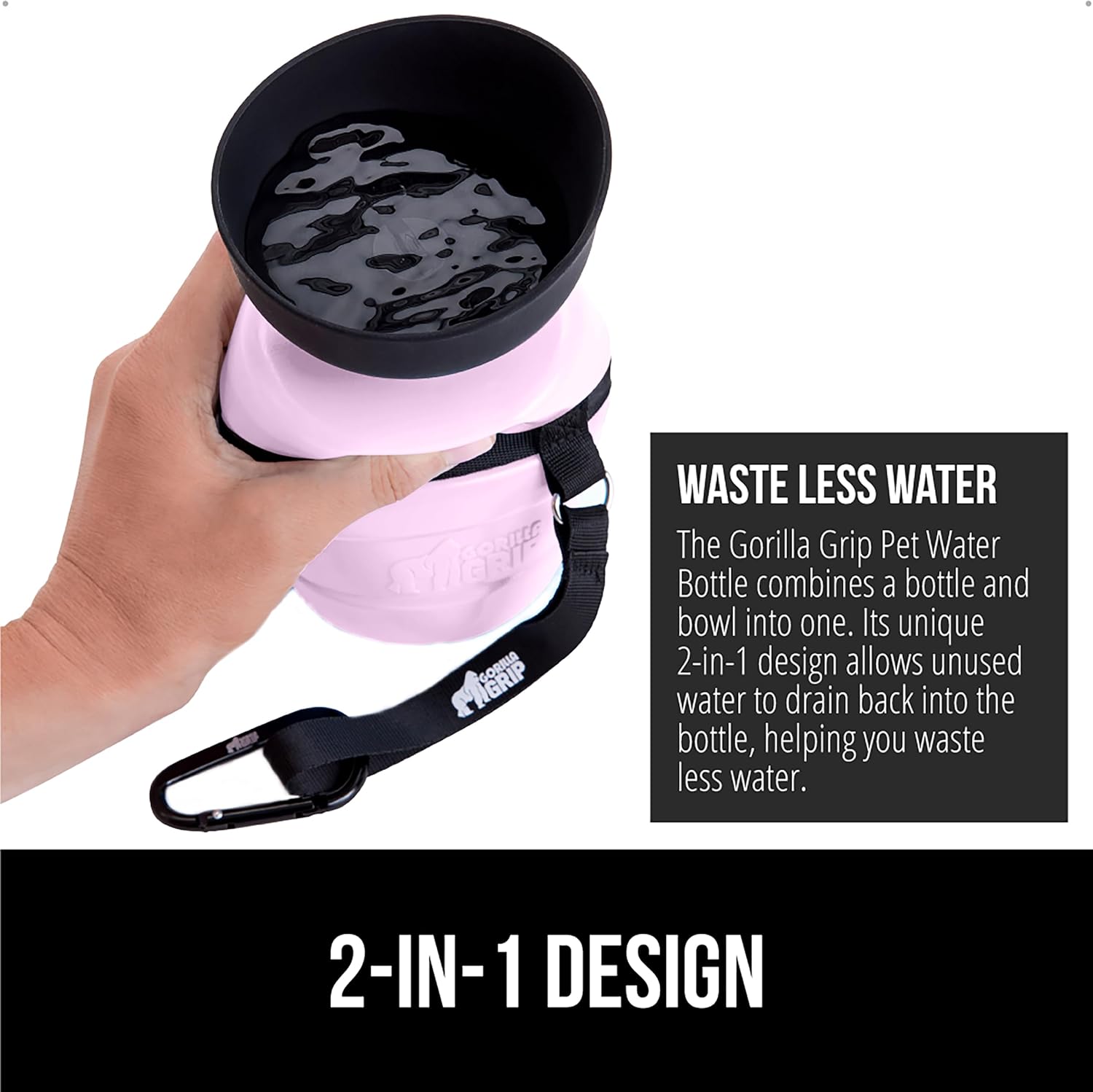 GORILLA GRIP Dog Water Bottle, Portable Water Bowl Dispenser for Dogs, 20 oz Leak Proof Pet Travel Squeeze Bottles, Food Grade Silicone, to Go Puppy Essentials, Hiking Camping Trip Accessories, Pink