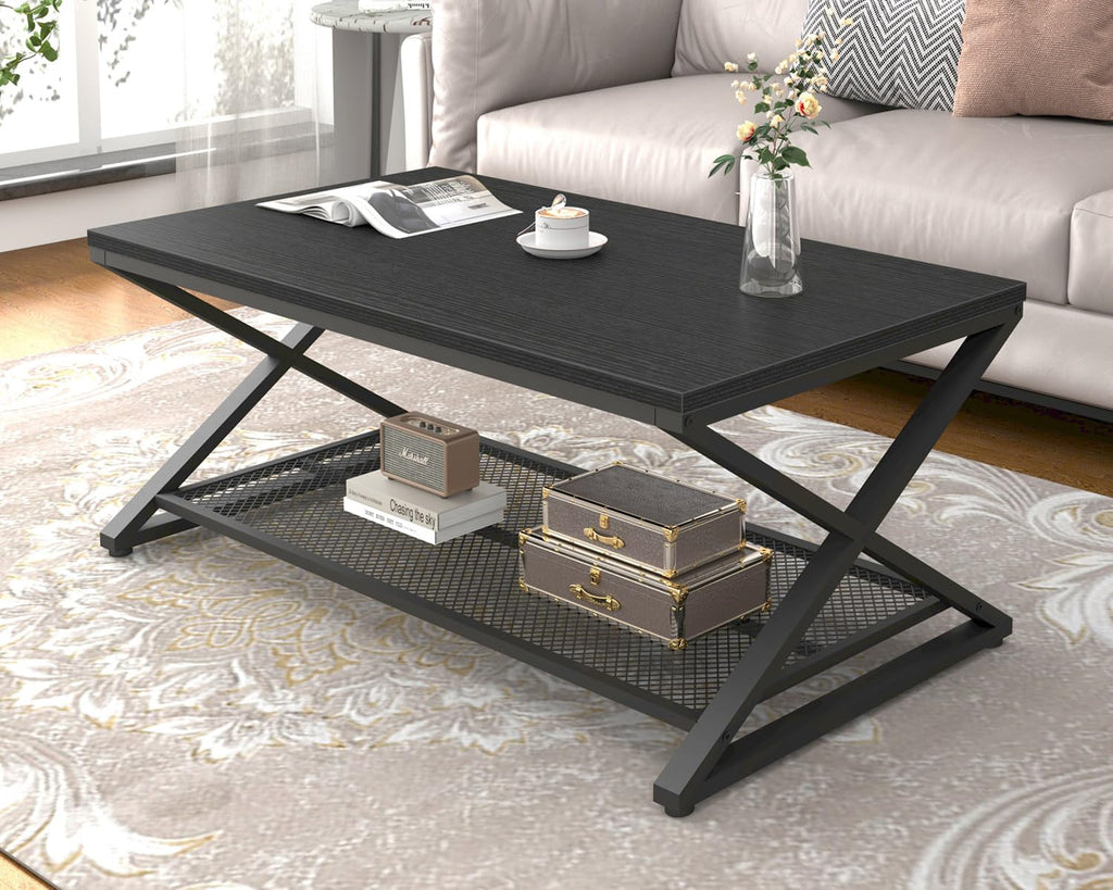 LVB Rustic Coffee Table with Storage, Industrial Wood Metal 2 Tier Center Living Room Table with Mesh Shelf, Farmhouse Wooden Low Rectangle Cocktail Tea Table for Office Bedroom, 47 inch, Rustic Brown