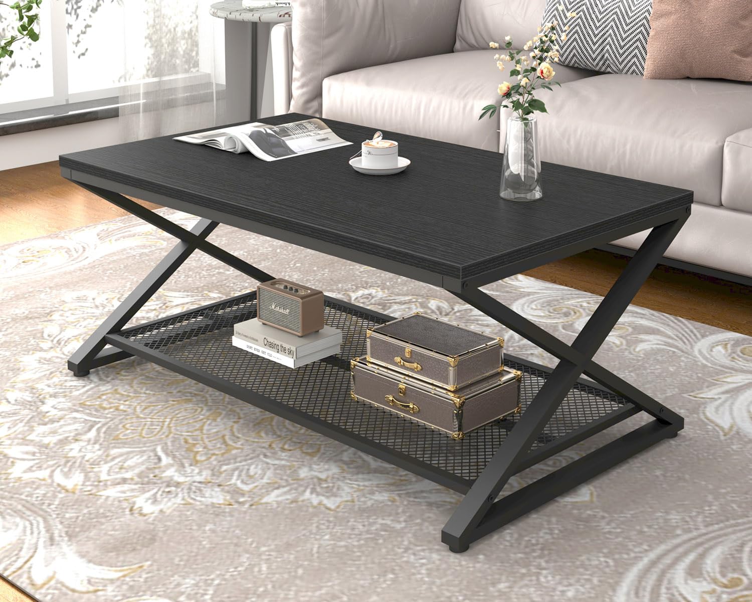 LVB Rustic Coffee Table with Storage, Industrial Wood Metal 2 Tier Center Living Room Table with Mesh Shelf, Farmhouse Wooden Low Rectangle Cocktail Tea Table for Office Bedroom, 47 inch, Rustic Brown