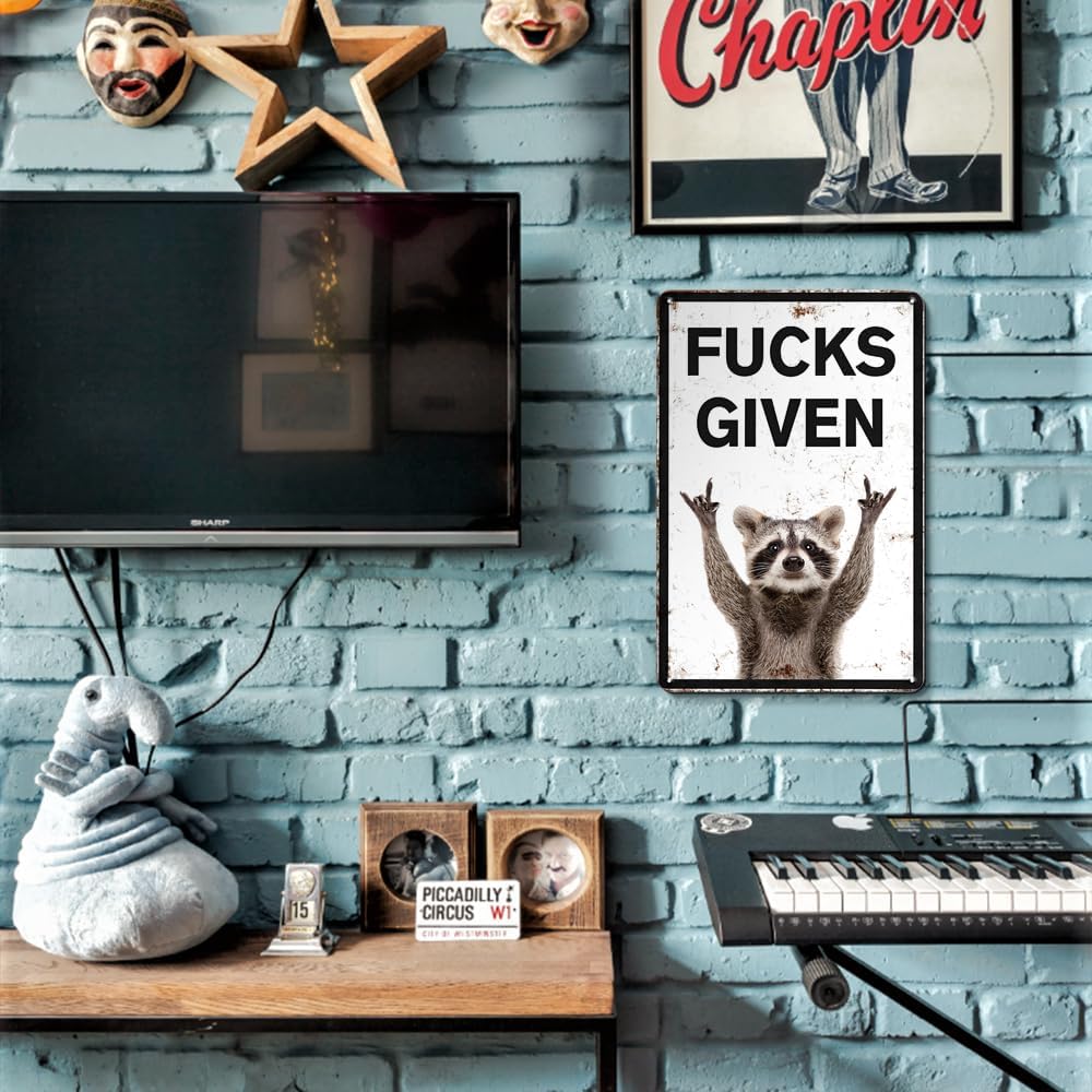 Funny Rockstar Raccoon Art Vintage Metal Tin Signs Funny Garage Man Cave Decor Bedroom Living Room Decor 12 x 8 Inch