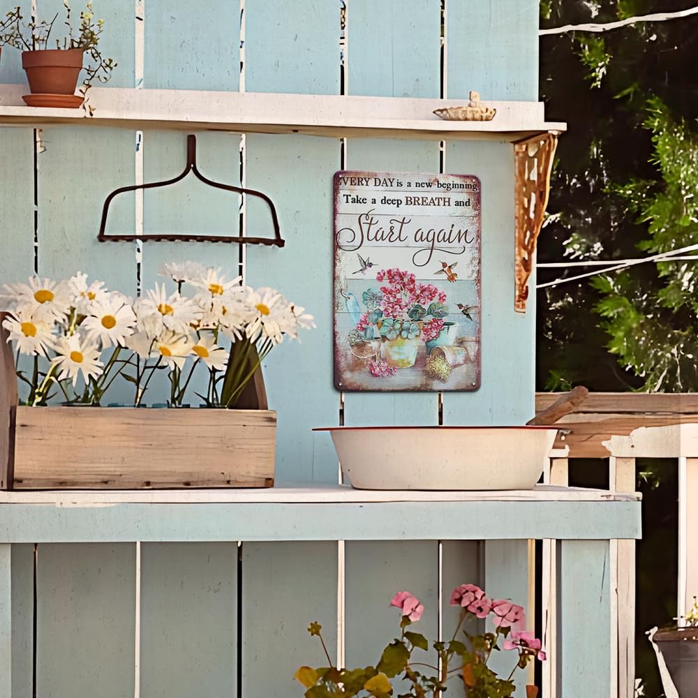 YOYI ART Vintage Flower Hummingbird Signs - Every Day is A New Beginning Take A Deep Breath and Start Again, Retro Metal Tin Signs for Patio, Room, Garden and Yard Wall Art Deocr, 8 x 12 inch