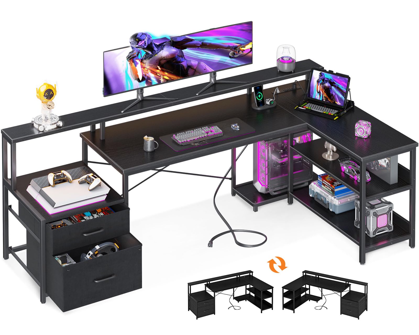 ODK 75" L Shaped Desk with File Drawers, Work from Home Office Desk with Power Outlet, Reversible Computer Desk with Storage Shelves, Gaming Desk with Monitor Shelf, Corner WFM Table, Vintage