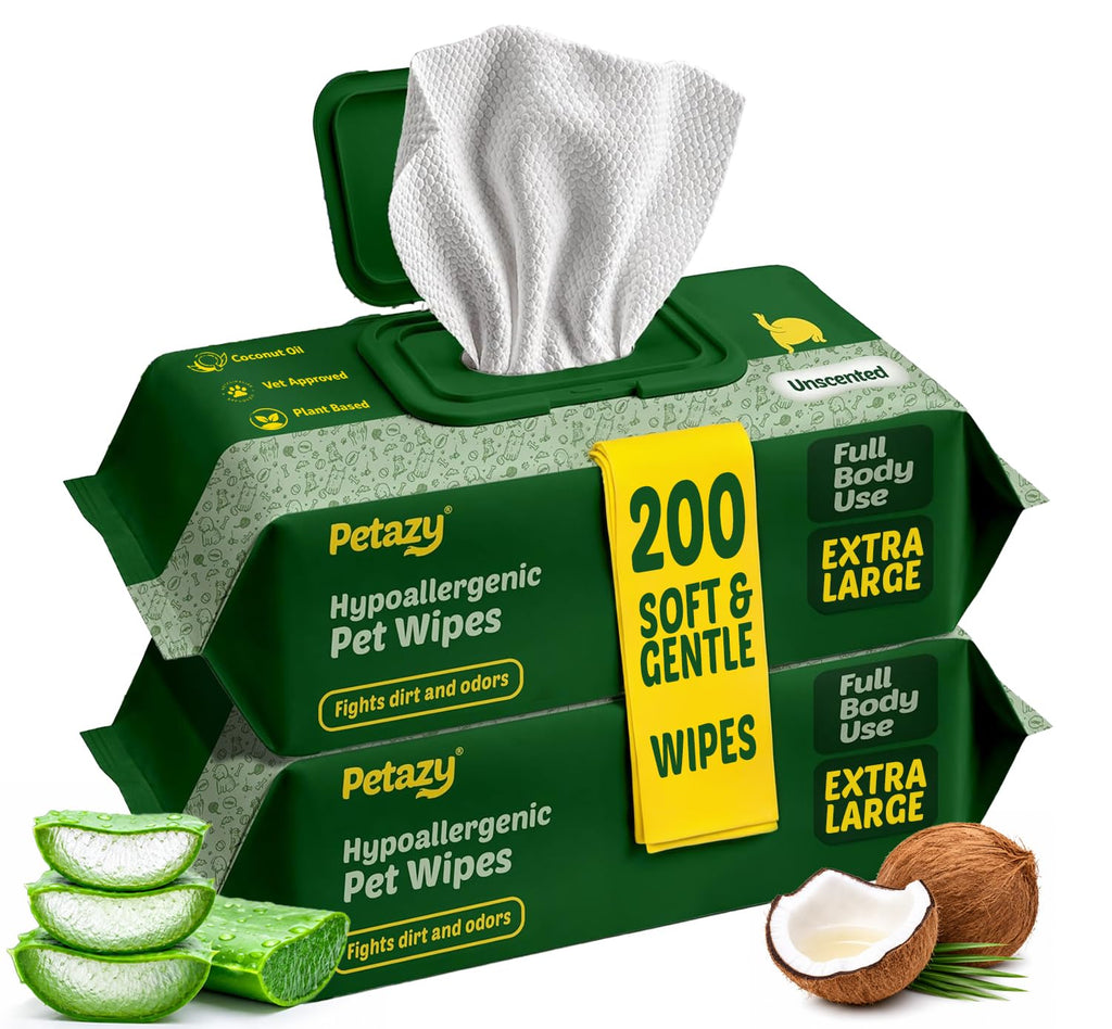 Petazy Pet Wipes for Dogs and Cats – 400 Count (8x8in) Hypoallergenic, Deodorizing Dog Wipes for Paws, Ears and Butt | XL with Aloe & Coconut Oil, Lavender Scented | Includes 4 Grooming Glove Wipes
