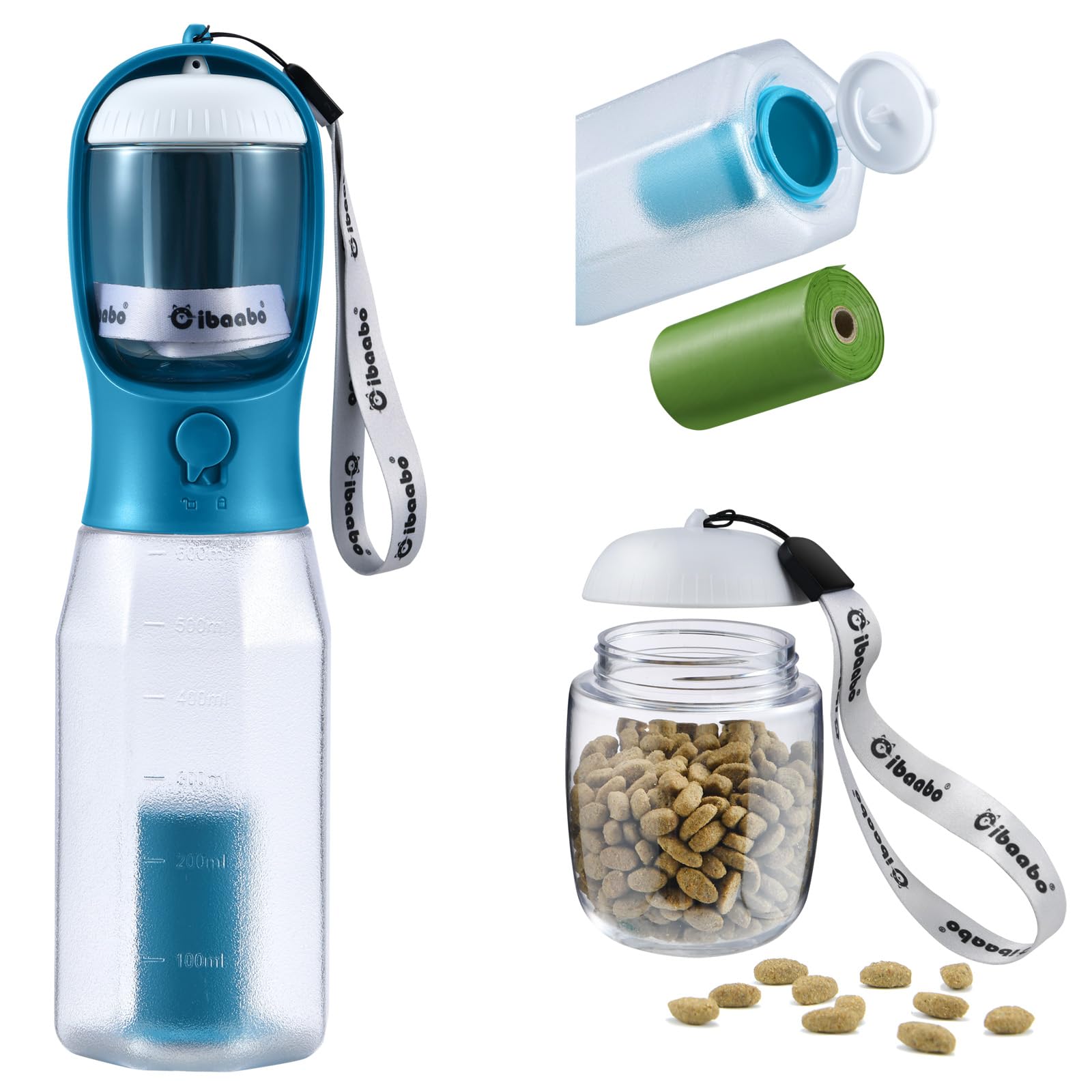 Cibaabo Dog Water Bottle with Food Container & Poop Bag Holder, Travel Water Bowl, Portable Pet Dispenser, Girl Dog Accessories Stuff Items Essentials Gift for Yorkie Chihuahua Walking Hiking
