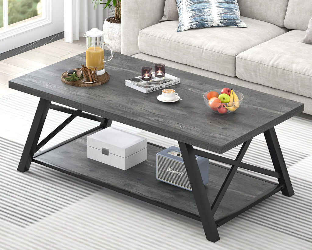 EXCEFUR Modern Coffee Table, Rectangle Center Table for Living Room with Storage Shelf, Industrial Wood and Metal Cocktail Tea Table, Rustic Oak, 47 Inch