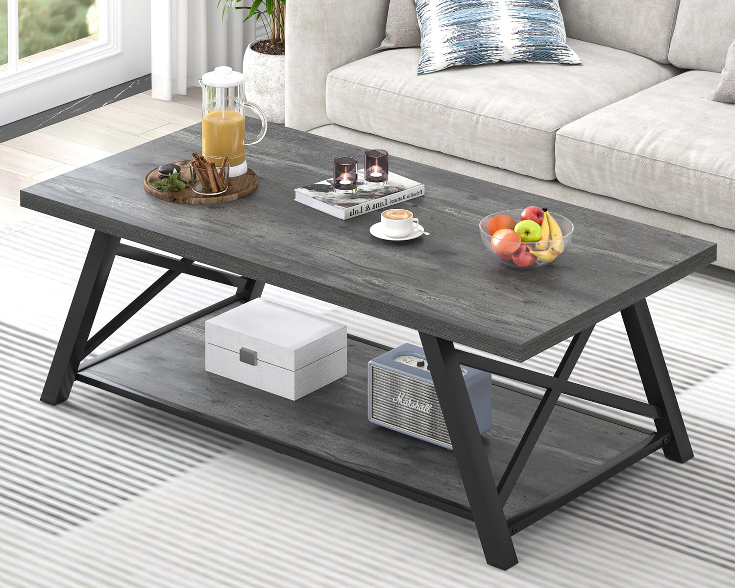 EXCEFUR Modern Coffee Table, Rectangle Center Table for Living Room with Storage Shelf, Industrial Wood and Metal Cocktail Tea Table, Rustic Oak, 47 Inch