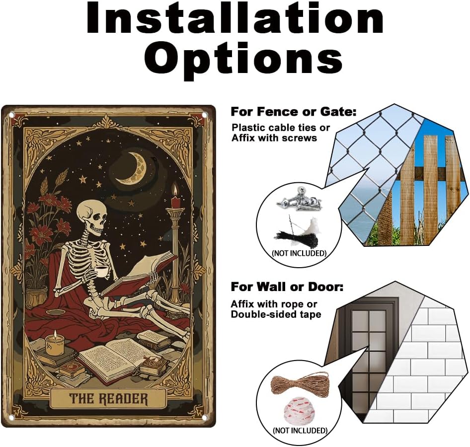 Skeleton Reader Tin Sign Retro Metal Wall Decor 8" x 12" Vintage The Reader Tarot Halloween Vintage Wall Art Poster for Home Library Cafe Reading Room Classroom Decor Gift