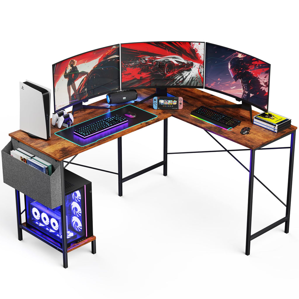 L Shaped Desk - 50" Reversible Home Office Computer Desk, Wood Top, Metal Frame, Side Bag, Sturdy Gaming Desk Corner Table for Work, Writing and Study, Space-Saving