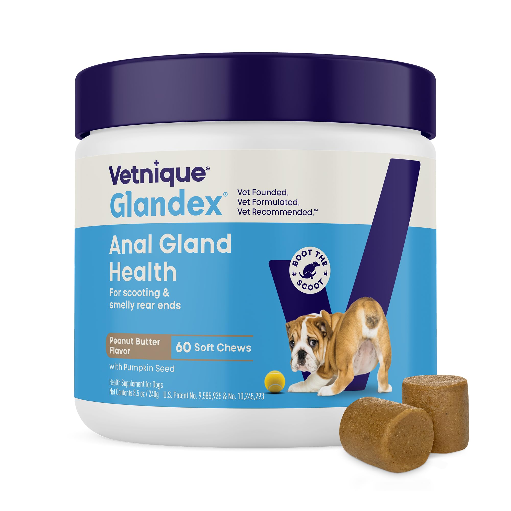 Vetnique Glandex Anal Gland Soft Chew Treats with Pumpkin for Dogs Digestive Enzymes, Probiotics Fiber Supplement for Dogs Boot The Scoot (Advanced Strength Duck/Bacon, 60 Ct)