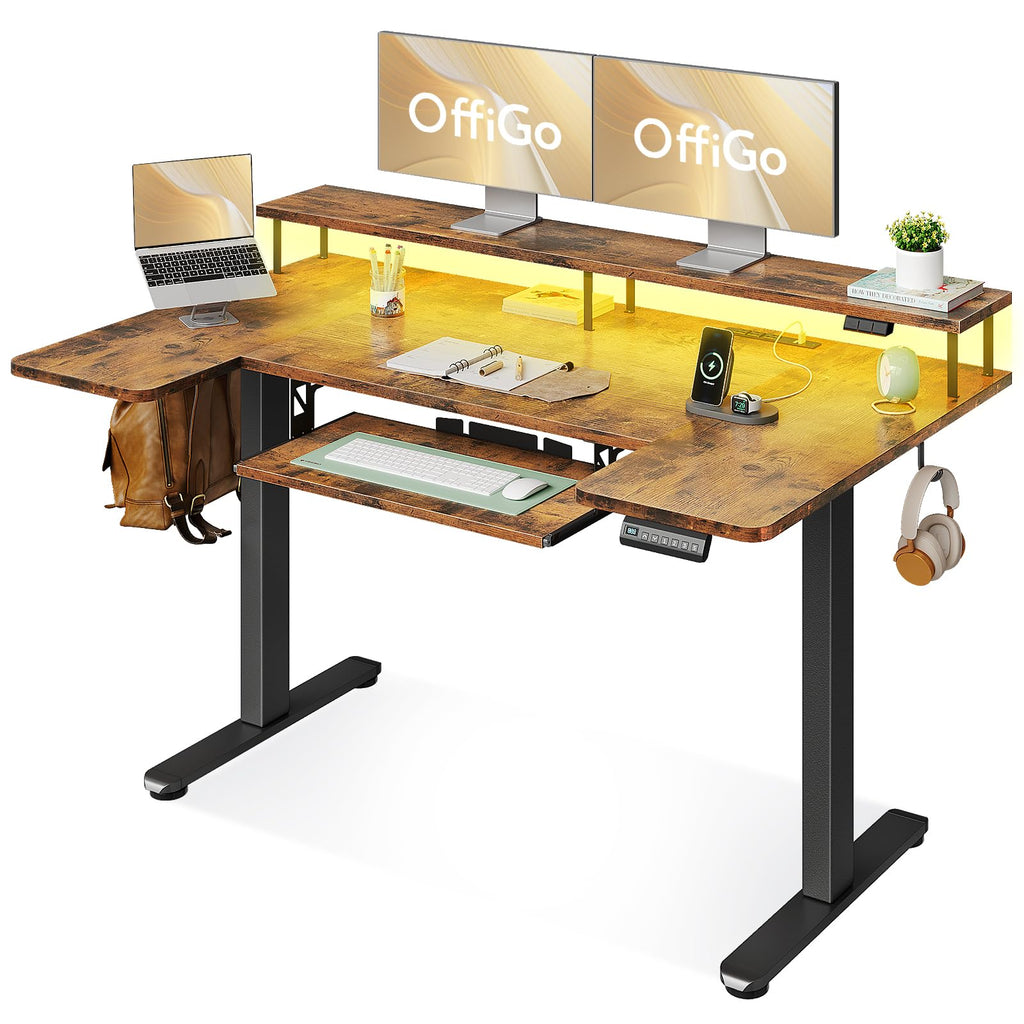 OffiGo U Shaped Electric Standing Desk with Keyboard Tray, 55 Inch Height Adjustable Desk with Power Outlets & LED Lights, Sit Stand Table with Monitor Stand for Home, Office, White