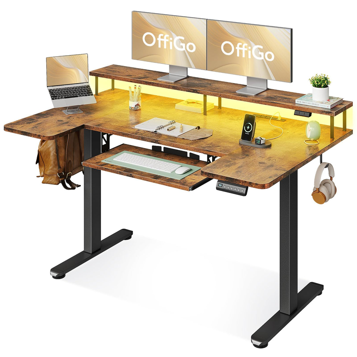 OffiGo U Shaped Electric Standing Desk with Keyboard Tray, 55 Inch Height Adjustable Desk with Power Outlets & LED Lights, Sit Stand Table with Monitor Stand for Home, Office, White