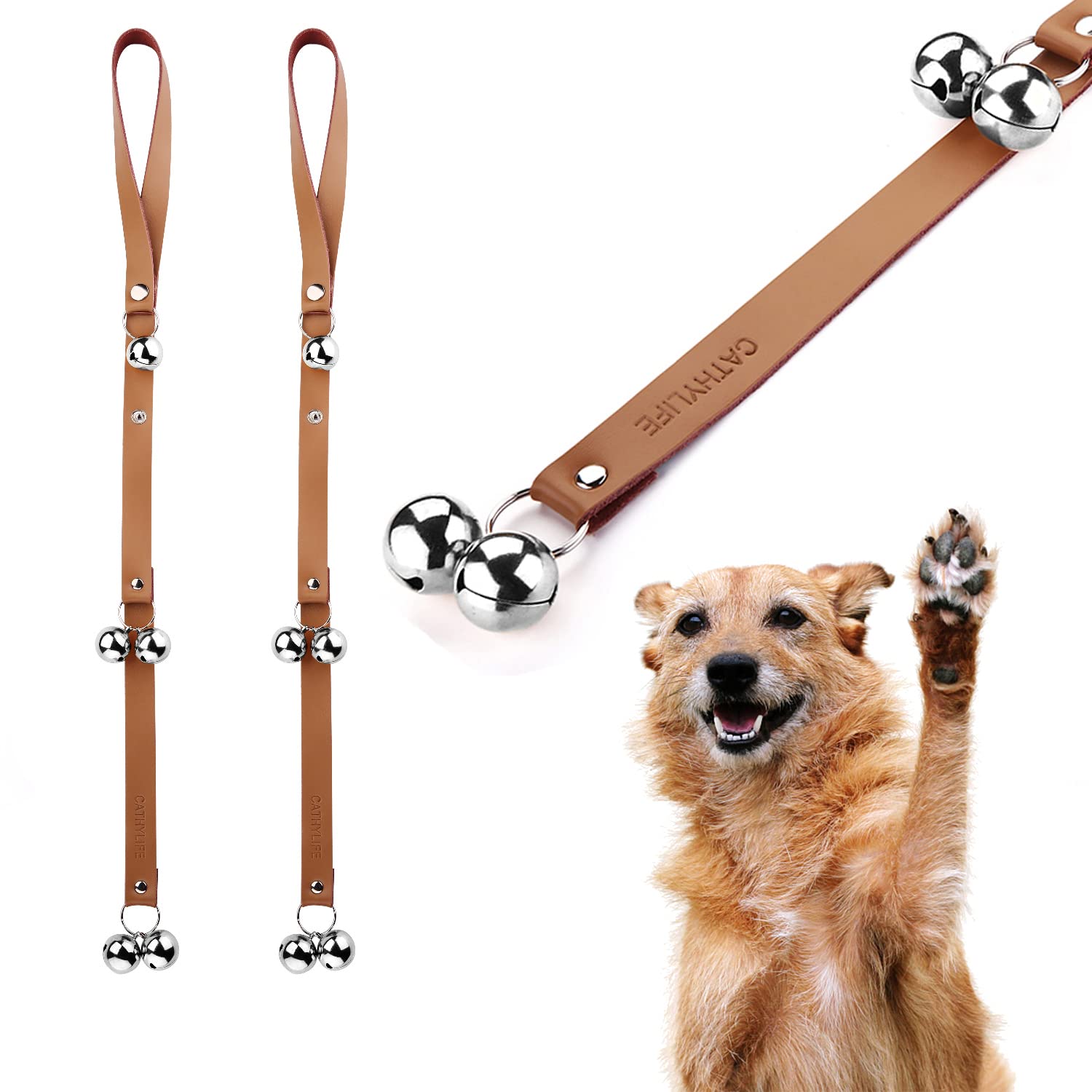 Leather Dog Doorbells for Door Knob, Adjustable Brass Potty Training Bells for Puppy to Go Outside, Easy Dog Door Bell for Potty Training