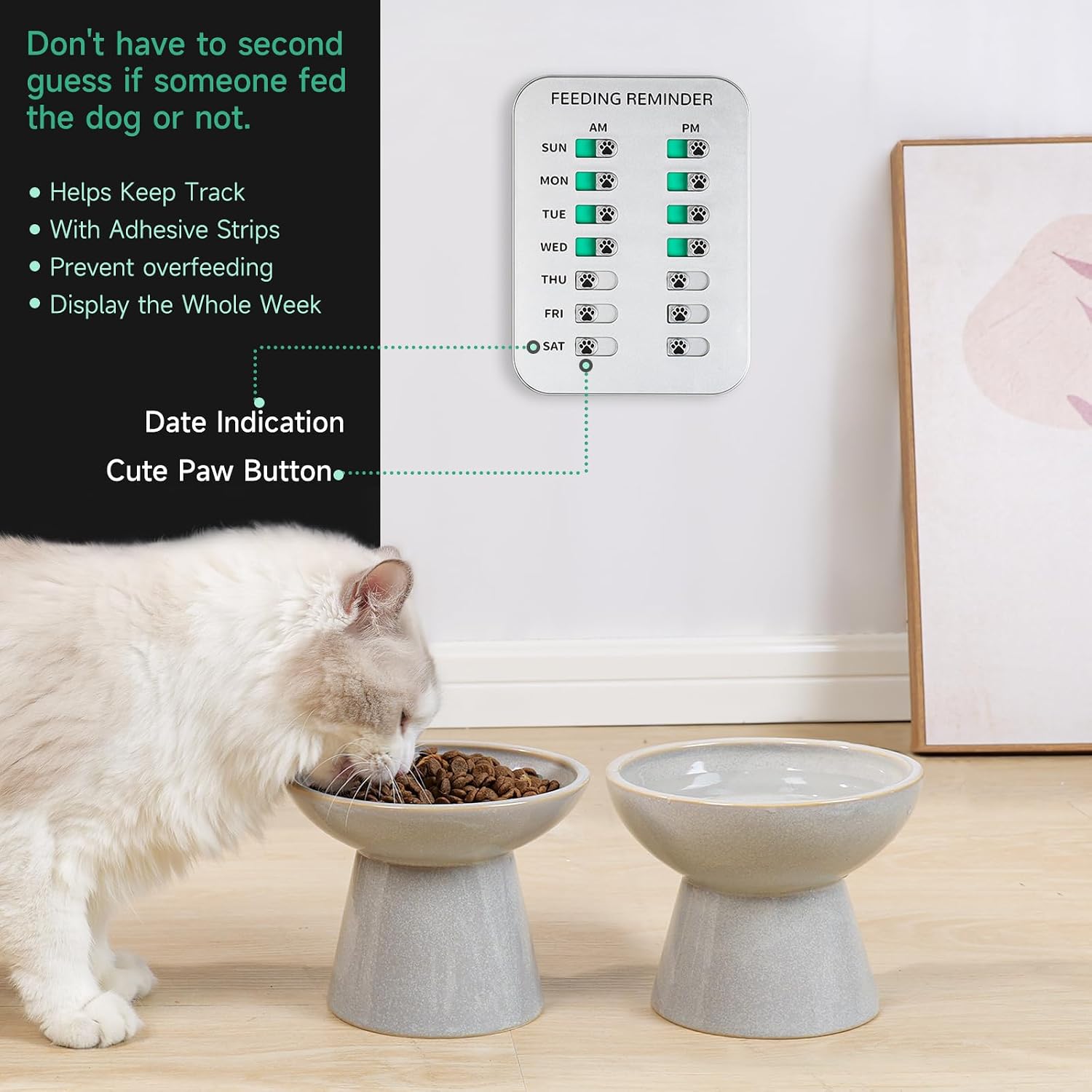 YAUYIK Dog Feeding Reminder, Magnetic OR Double Sided Adhesive Application, AM/PM Daily Chart Signs, Helps You Track Pets Feeding & Medication, Easy to Use on Fridge, Wall, Food Storage Bin (Silver)