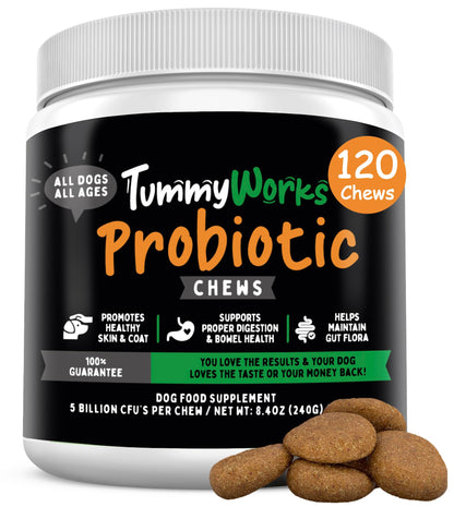 TummyWorks Probiotics for Dogs. 120 Probiotic Soft Chews for Digestive Health, Gut, Immunity, Energy, Allergies, Skin & Coat. 10 Strains, 5 Billion CFUs with 6 Enzymes. Made in USA