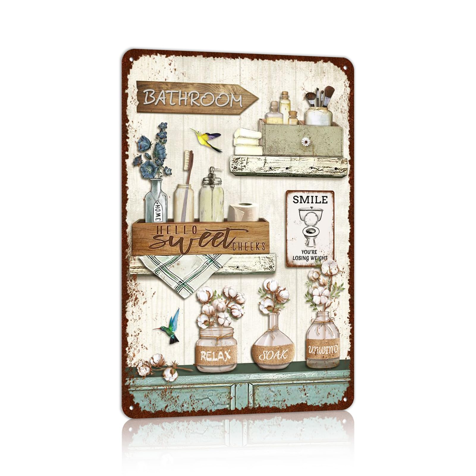 Vintage Farmhouse Bathroom Metal Tin Signs Rustic Flower Country Wall Art Decor 8X12 Inches