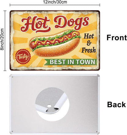 GLOBLELAND Hot Dog Fast Food Metal Tin Sign 8x12inch "Best In Town" Vintage Painting Tin Sign Wall Poster Plaque for Kitchen Breakfast Dining Room Café Brunch Culinary Room