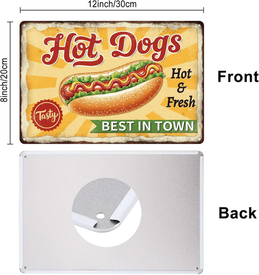 GLOBLELAND Hot Dog Fast Food Metal Tin Sign 8x12inch "Best In Town" Vintage Painting Tin Sign Wall Poster Plaque for Kitchen Breakfast Dining Room Café Brunch Culinary Room