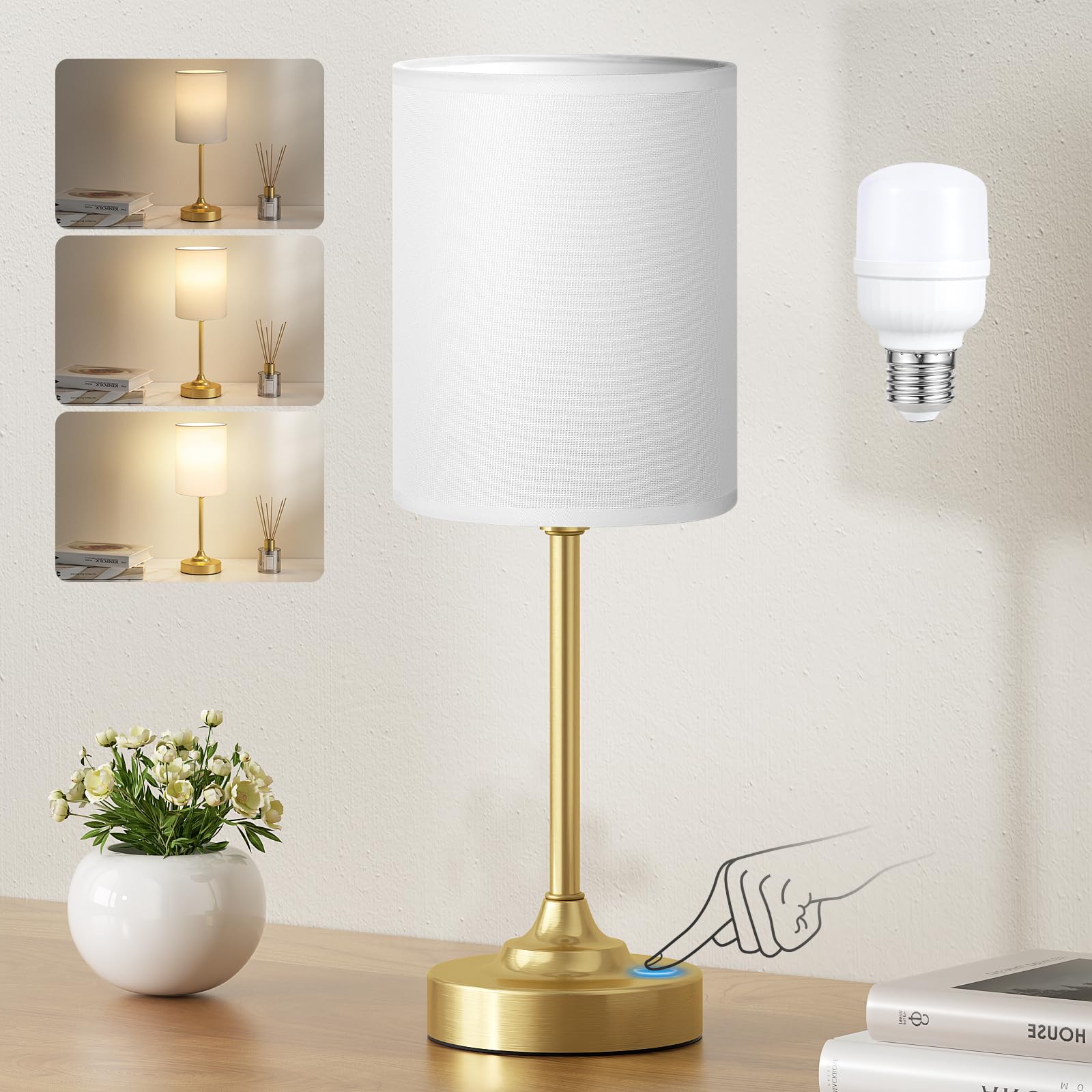 Fenmzee Bedside Table Lamp for Bedroom - 3 Way Dimmable Touch Lamp USB C Charging Ports and AC Outlet, Small Lamp Wood Base Round Flaxen Fabric Shade for Living Room, Desk, LED Bulb Included
