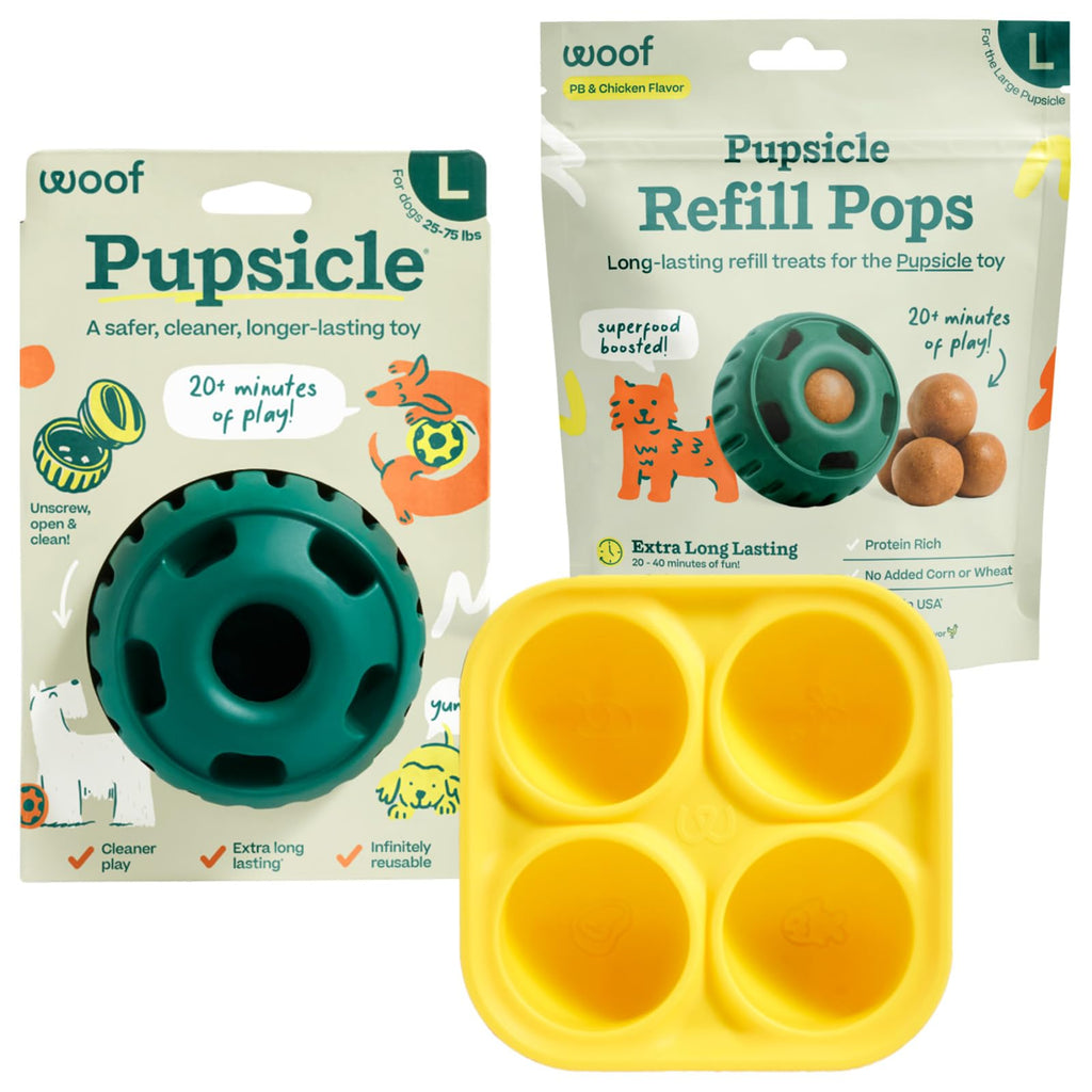 WOOF Starter Pack - Interactive Dog Ball Toy for Boredom - Dog Treat Molds Silicone - Chicken-Flavored Healthy Treats for Dogs - Pupsicle Doggy Enrichment Toy - for Small Pups - 10-25 lbs