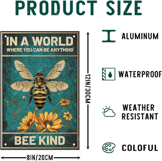 Floral and Bee Metal Signs In A World Where You Can Be Anything Funny Vintage Tin Sign Retro Wall Decor for Bee Lovers Room 8×12 Inches
