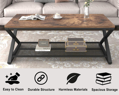 LVB Rustic Coffee Table with Storage, Industrial Wood Metal 2 Tier Center Living Room Table with Mesh Shelf, Farmhouse Wooden Low Rectangle Cocktail Tea Table for Office Bedroom, 47 inch, Rustic Brown