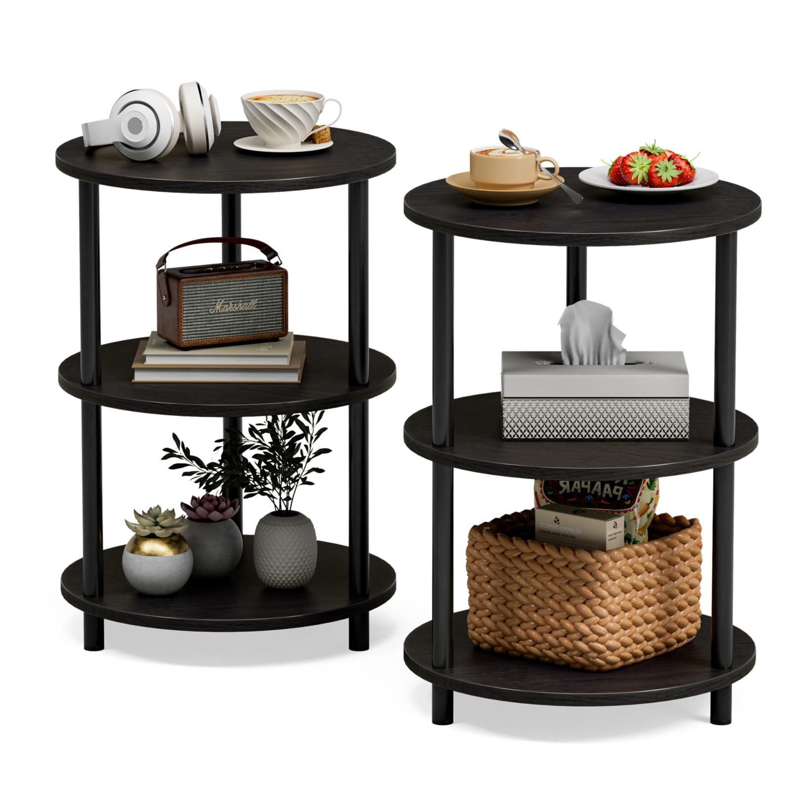 XBurmo Small Round Coffee Table - 3 Tier Design Accent Table, Narrow Side or Bedside Stand, Industrial Vintage Nightstand for Bedroom, Living Room, or Small Spaces, Rustic Brown