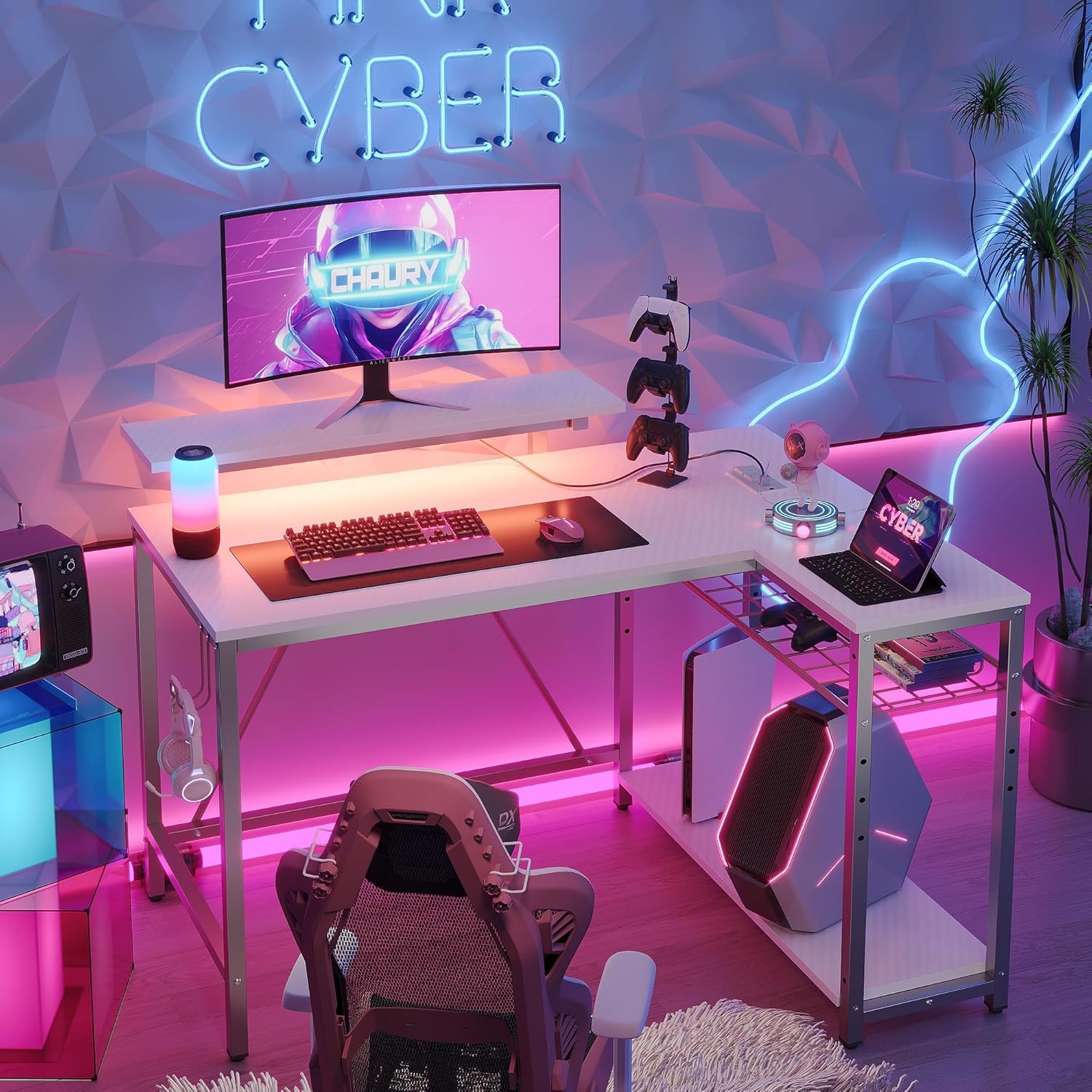 Bestier White Computer Desk with Charging Port & LED Strip,42 inch Modern Gaming Desk with Reversible Storage Shelves,Small L Shaped Desk with Hooks for Home Office