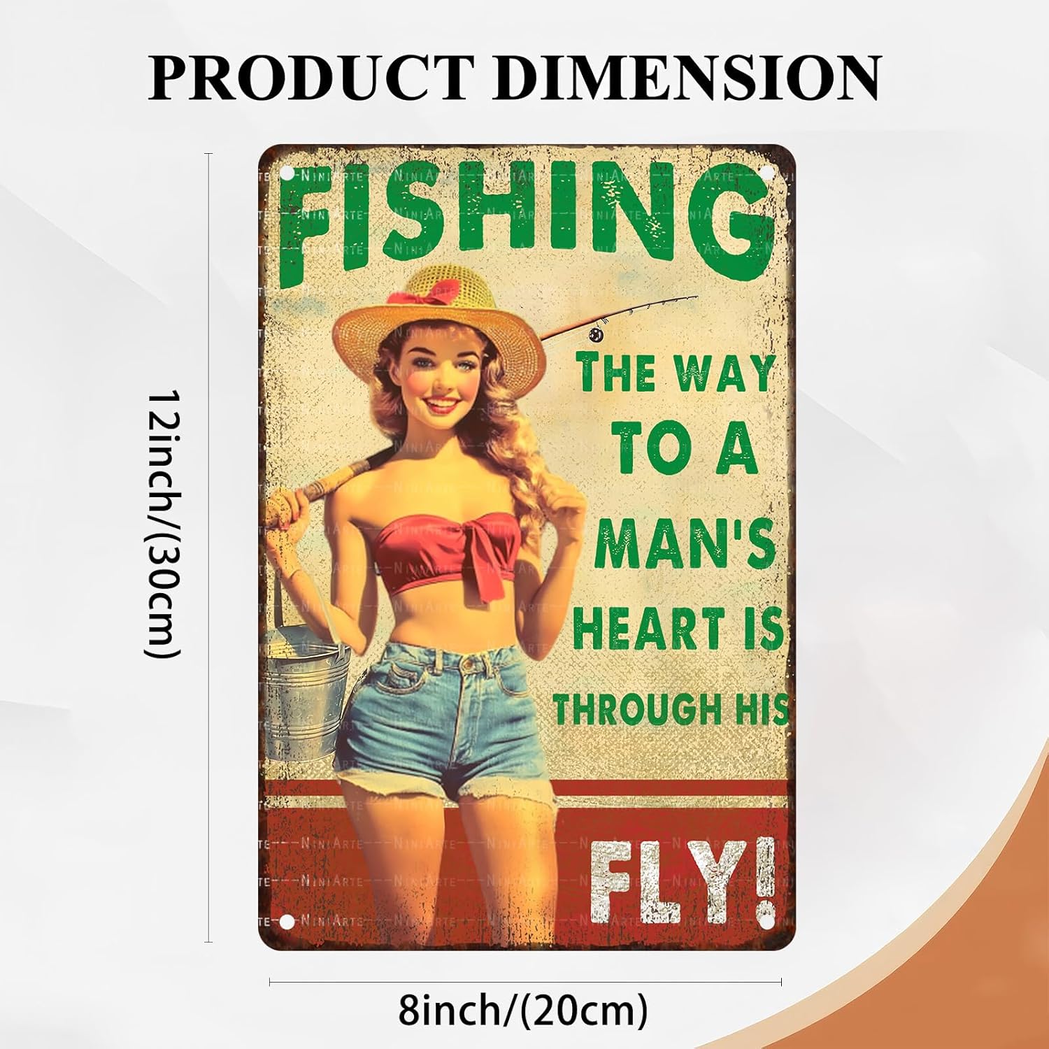 Pin Up Girl Fishing Metal Tin Sign The Way to A Man's Heart Through His Fly Vintage Sign for Wall Art Decor for Home Angler Wall Decor Cafes Lake House Seascape Decor 8X12Inch