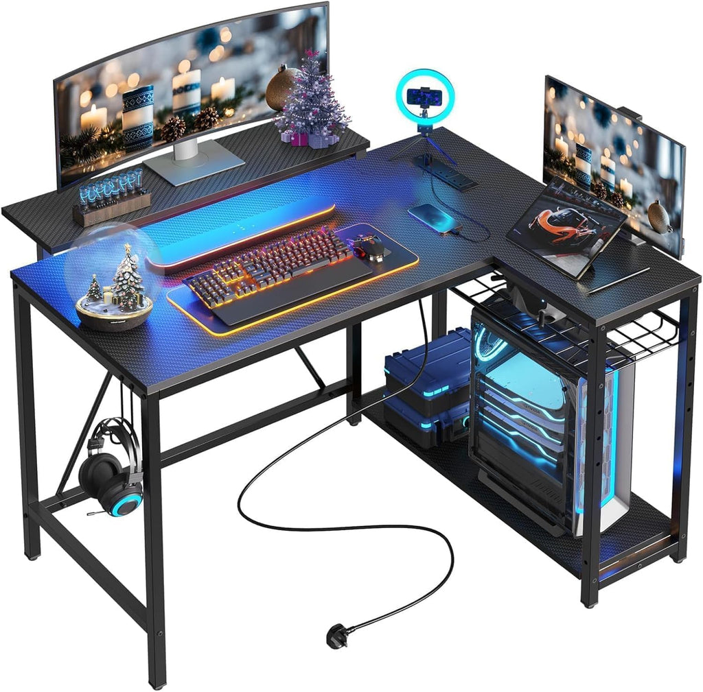 Bestier White Computer Desk with Charging Port & LED Strip,42 inch Modern Gaming Desk with Reversible Storage Shelves,Small L Shaped Desk with Hooks for Home Office