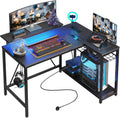Bestier White Computer Desk with Charging Port & LED Strip,42 inch Modern Gaming Desk with Reversible Storage Shelves,Small L Shaped Desk with Hooks for Home Office