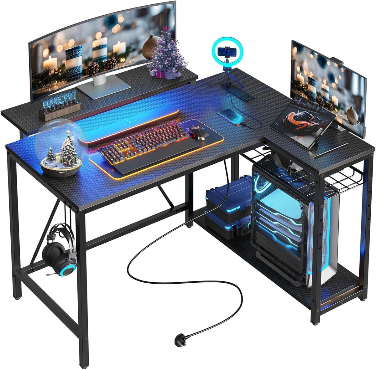 Bestier White Computer Desk with Charging Port & LED Strip,42 inch Modern Gaming Desk with Reversible Storage Shelves,Small L Shaped Desk with Hooks for Home Office