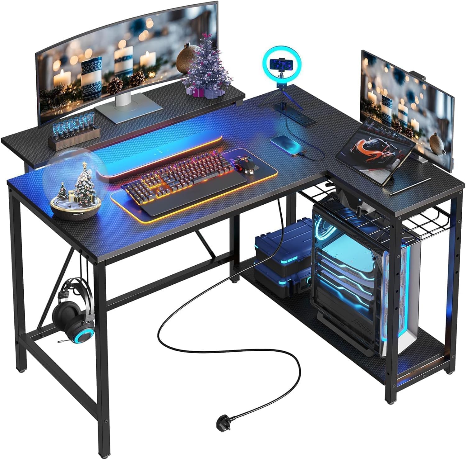 Bestier White Computer Desk with Charging Port & LED Strip,42 inch Modern Gaming Desk with Reversible Storage Shelves,Small L Shaped Desk with Hooks for Home Office