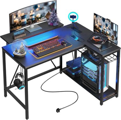 Bestier White Computer Desk with Charging Port & LED Strip,42 inch Modern Gaming Desk with Reversible Storage Shelves,Small L Shaped Desk with Hooks for Home Office