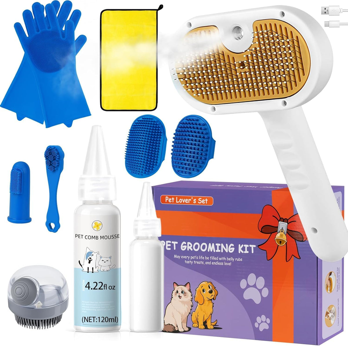Pet Steam Brush for Dog & Cat - 3-in-1 Steam Grooming Brush for Shedding & Hair Removal - Self Cleaning Spray Comb with Mist for Long Haired Pets - Includes 1*Waterless Shampoo, Blue.