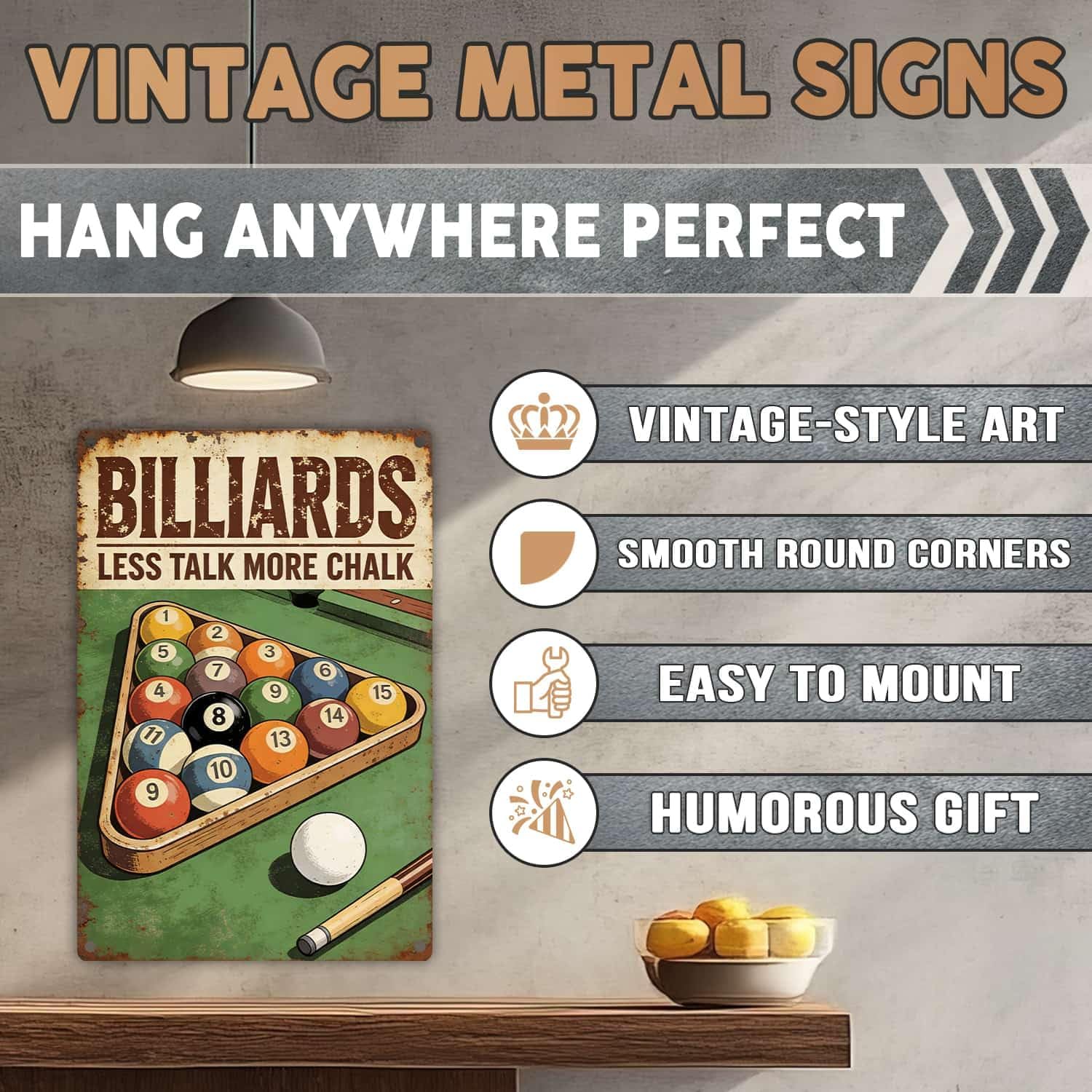 Billiards Metal Sign Less Talk More Chalk Billiards Vintage Art Wall Decor Funny Pool Decor for Man Cave Game Room Bar Garage Billiard Room 8x12 Inch
