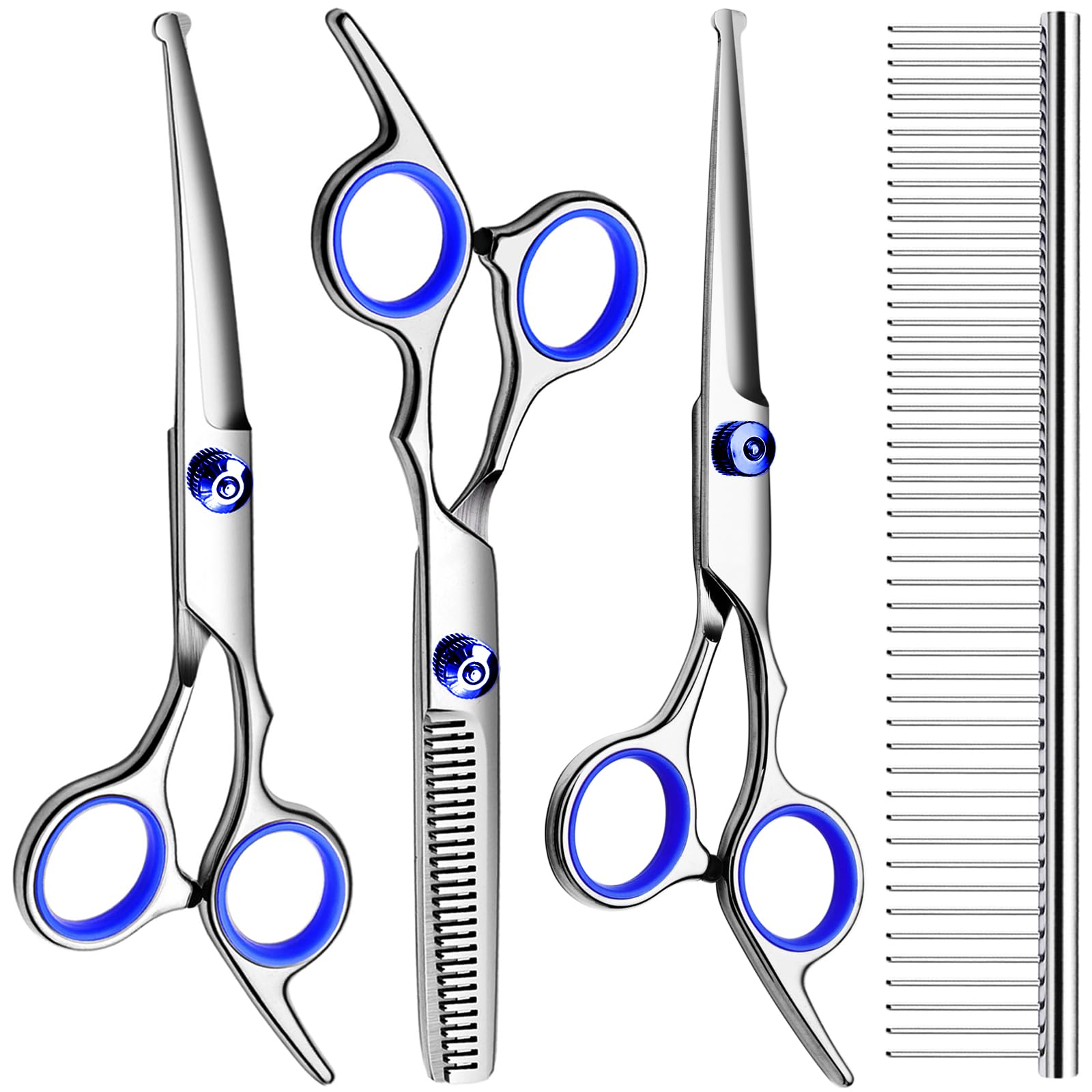 FAIGEO Dog Grooming Scissors Kit, Premium Stainless Steel Dog Shears with Curved Shears, Sharp Durable for Dogs Cats+Blue 3 Piece