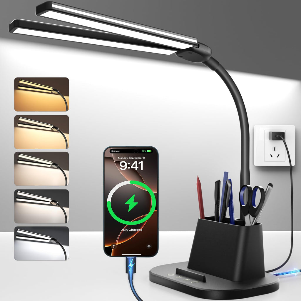 Airlonv LED Desk Lamp for Office Home, Eye-Caring Desk Light with Stepless Dimming Adjustable Flexible Gooseneck, 10W USB Adapter Desk Lamp with Clamp for Reading, Study, Workbench (Black)