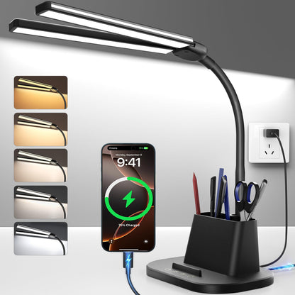 Airlonv LED Desk Lamp for Office Home, Eye-Caring Desk Light with Stepless Dimming Adjustable Flexible Gooseneck, 10W USB Adapter Desk Lamp with Clamp for Reading, Study, Workbench (Black)