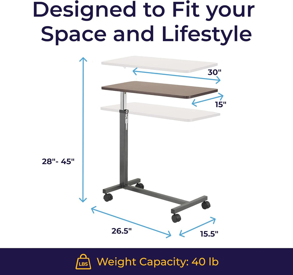 Drive Medical Overbed Table with Wheels - Secure Height Adjustment for Comfort - Non Tilt Surface - Smooth Rolling Design - Home & Hospital Use - Woodgrain Laminate Top - Silver Vein