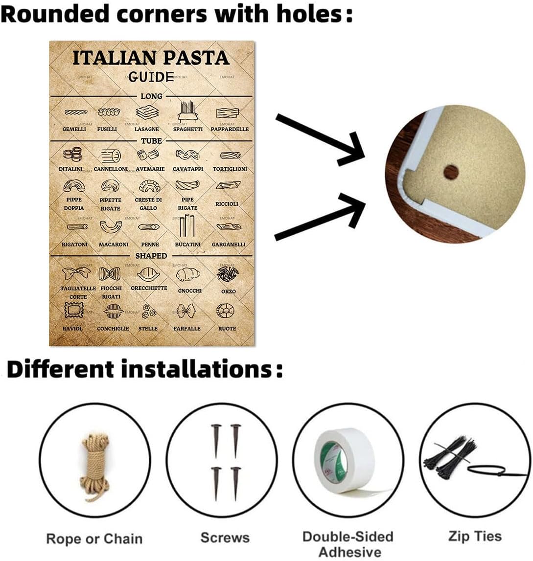 EMOHAT Italian Pasta Guide Metal Tin Sign 8x12 Inch - Vintage Kitchen Wall Decor for Home & Restaurant - Pasta Lovers Retro Art Poster with Pasta Types - Rustic Metal Plaque